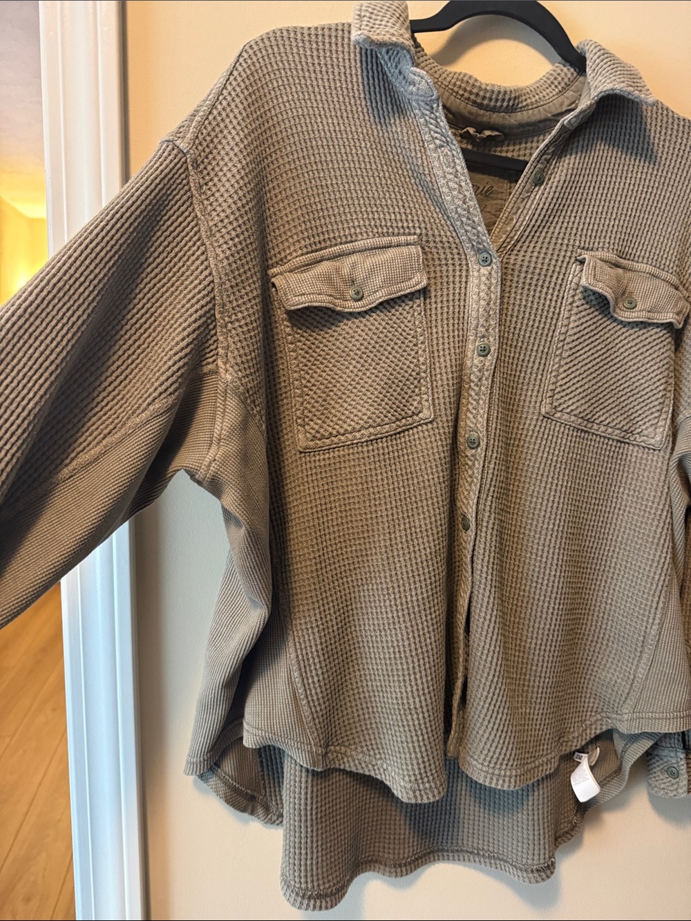 aerie Waffle Knit Button-Down Shirt Jacket in Light Taupe - Picture 4 of 4